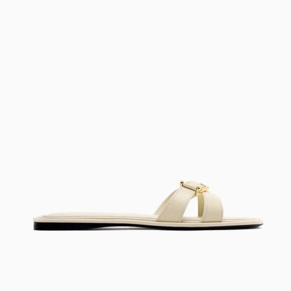 Zara Off White / Cream FLAT LEATHER SANDAL WITH BUCKLE Size 9 US - Picture 2 of 9